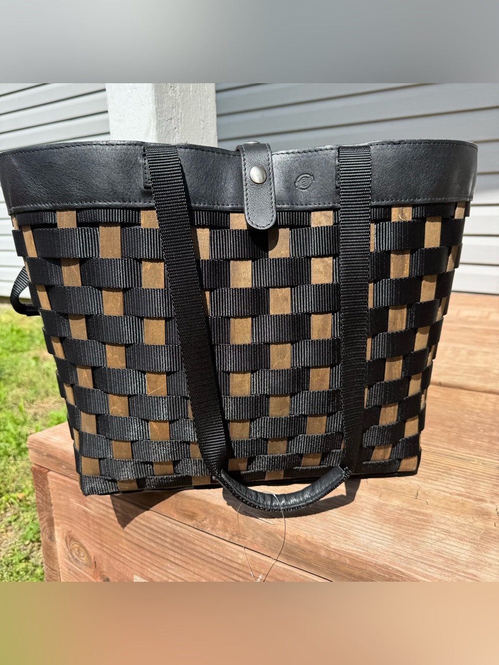 Large To-Go Tote purse Woven Wood Nylon with Leather Handle & Liner Longaberger